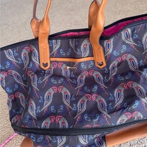 Stella & Dot Navy Paisley Tote with Tan Handles-extends to be bigger